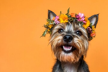 Naklejka premium Cute baby dog bull terrier wearing untamed flower crown on its head - symbol of sunny days. Professional studio image. Isolated yellow background, copy space, commercial creative.