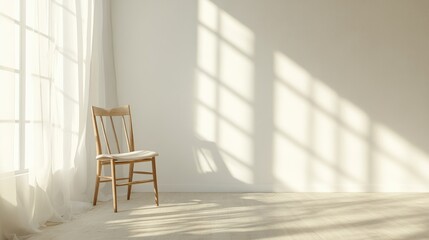 Sunlit Room with Wooden Chair and Sheer Curtains Creating Soft Shadows on the Floor