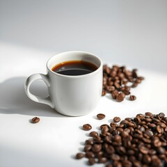 Fototapeta premium Coffee cup, dark roast, white ceramic mug, scattered coffee beans, overhead view, high contrast, minimalist composition, product photography