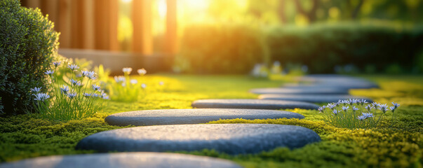 Fototapeta premium Smooth garden stones surrounded by patches of fresh green moss and tiny summer blooms.