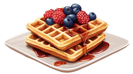 A stack of waffles with syrup and berries on top, isolated on transparent background.