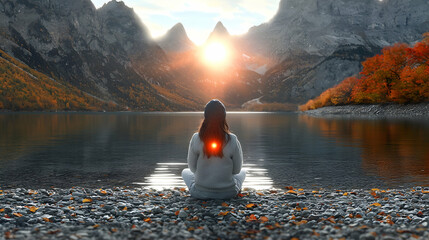 Person meditating and enjoying beautiful mountain scenery by a lake