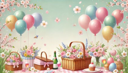 桜とピクニックアイテムの春イベント背景 パステルデザイン
