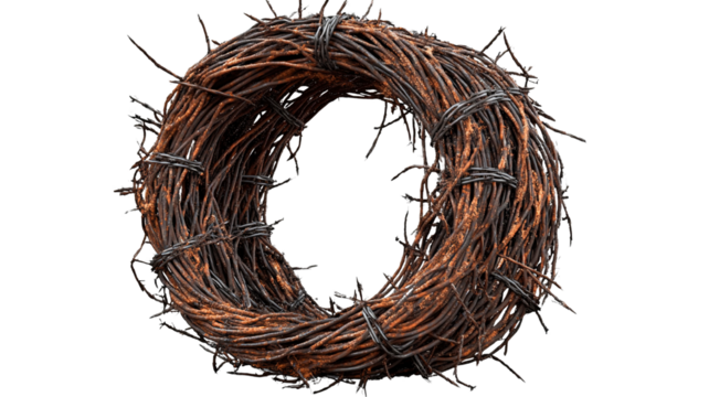 Rusty barbed wire fencing coiled into a bundle, isolated on a transparent background."