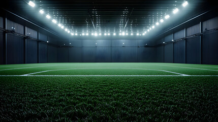 Illuminated Empty Indoor Sports Stadium With Vibrant Green Artificial Turf Field Under Bright Spotlights Dramatic Sports Atmosphere