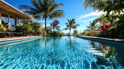 Peaceful Tropical Poolside Scene Surrounded by Lush Greenery and Palm Trees Under Clear Blue Sky