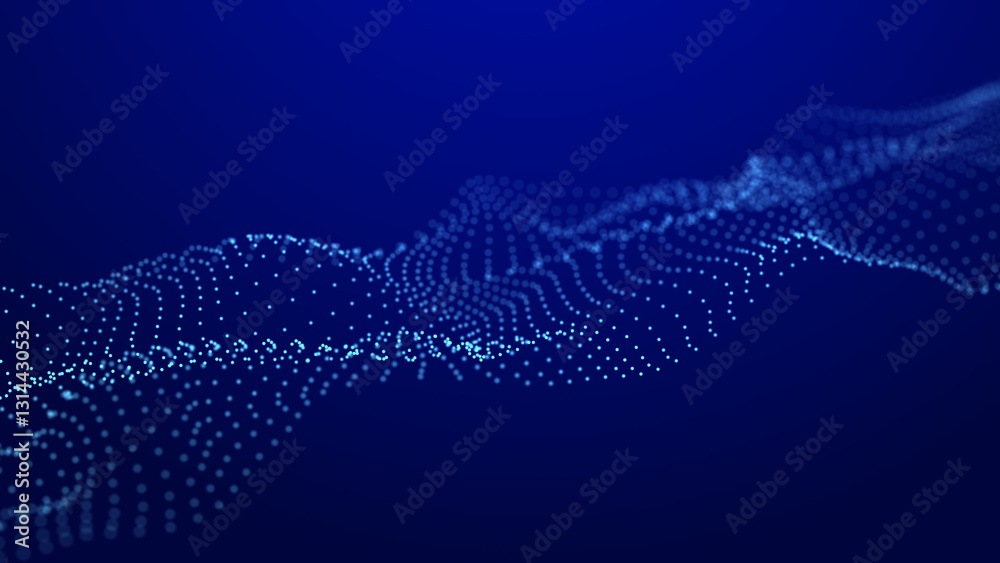 Poster futuristic wave of dots with moving particles on a dark background. 3d visualization of big data.