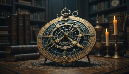 Obraz premium Antique Astrolabe on Wooden Table with Books and Candles Celestial Navigation Instrument