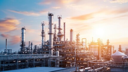 Obraz premium Industrial Complex with Towers Pipes and Tanks Against a Sunset Sky