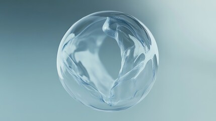 Abstract isolated spherical water bubble with swirling patterns and smooth reflective surface on soft gradient background