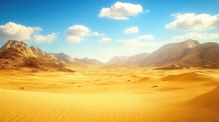 Naklejka premium Expansive Desert Landscape with Gentle Sand Dunes and Dramatic Mountain Backdrop Under Clear Blue Sky