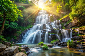 Breathtaking waterfall cascading down rocky cliffs, surrounded by lush greenery and illuminated by golden sunlight. serene and tranquil landscape perfect for nature lovers