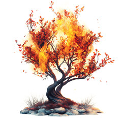A Burning Bush with Butterflies Isolated on Transparent Background