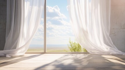 Bright and Inviting Interior Space with Flowing Curtains and Scenic Outdoor View of Sky and Landscape