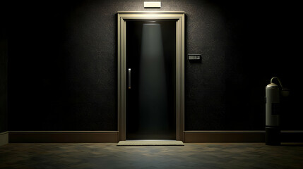 Illuminated Closed Door in a Dark and Shadowy Hallway with Textured Walls and Dim Lighting