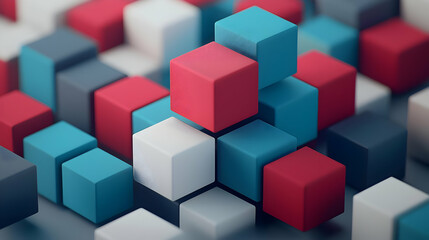 Obraz premium 3D Render of Colorful Interlocking Cubes in Red White Blue and Grey Forming An Abstract Pyramid Structure On A Grey Surface With Soft Lighting