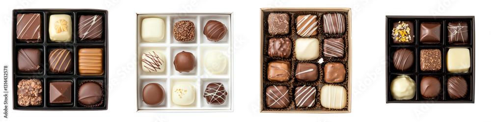 Poster An assorted box of chocolates with multiple flavors and attractive designs is perfect for gifting during special occasions or satisfying a sweet craving, isolated on a transparent png background