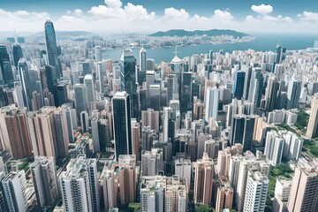 Obraz premium Aerial View of Sprawling Skyscrapers and Commercial Buildings in Bustling Hong Kong City Skyline
