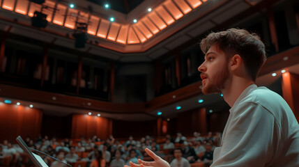 A young man delivering a speech in an auditorium setting