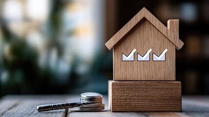 Wooden house model and checkmark on block suggest positive outcomes in real estate ventures, surrounded by a peaceful garden backdrop