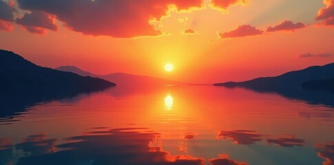 Fototapeta premium Silky, orange sunset reflecting on tranquil water surface , lake, golden