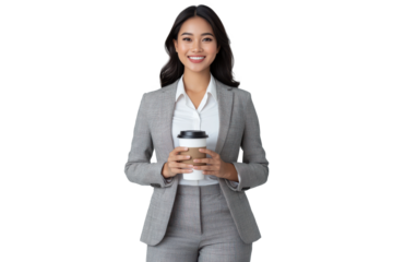 Smiling businesswoman holding coffee cup, isolated on transparent background