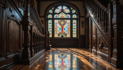 Obraz premium Elegant Victorian Mansion Hallway with Grand Stained Glass Window and Dark Wood Staircase