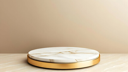 Empty Round Marble And Gold Podium On Beige Textured Background In Minimalist Studio Lighting 3D Rendering For Product Placement