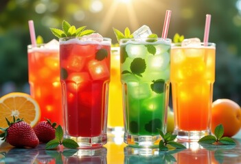 Fototapeta premium stunning compositions vibrant iced beverages featuring fresh ingredients like colorful ice cubes, refreshing, drink, cocktail, mocktail, fruity, refreshment