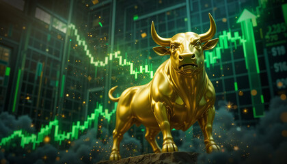 A powerful black bull stands against a backdrop of glowing green stock market charts, symbolizing strength and financial growth.