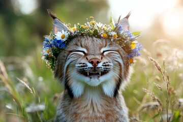 Fototapeta premium Dawn light. Summer happiness. Cute adult animal bobcat wearing fierce flower wreath on its head. Wildlife in a dreamy floral setting. Wild creature with soft floral accents.