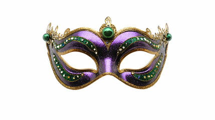 Intricately Ornate Purple And Green Mardi Gras Mask With Gold Accents On A White Background