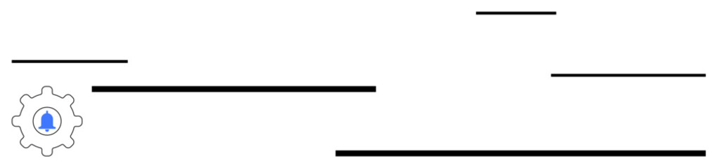 Gear icon with a blue bell inside symbolizing notification settings amidst simple horizontal lines. Ideal for alert, customization, notifications, UIUX, interface, system, optimization. Flat simple