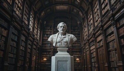 Fototapeta premium Marble Bust in Grand Library Hallway Bookshelves Literature Knowledge Study