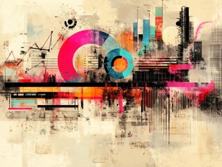 Abstract composition of graphic elements, charts, and shapes, layered on a textured background
