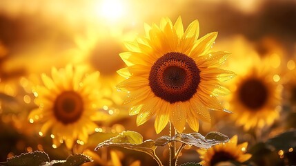 Fototapeta premium Illuminated Sunflower Field Glowing in Warm Sunlight on a Summer Day