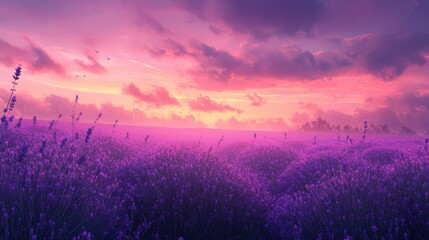 Serene Lavender Field at Dusk with Vibrant Purple Hues and Spectacular Sky in the Background