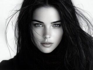 Elegant pencil sketch, delicate facial features, black-haired woman with natural beauty, high contrast graphite work, artistic fine art portrait, detailed rendering, textured strokes, no background, 