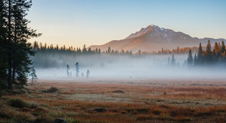 Morning mist blankets a tranquil landscape at dawn