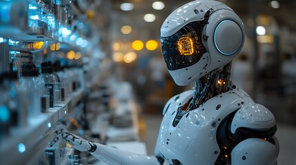 Fototapeta premium Humanoid robot assisting in a high-tech laboratory, collaborating with scientists on research and innovation