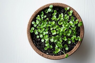 Top view of clay pot filled with fresh green seedlings growing in fertile soil isolated on white background. Young plants symbolize spring, nature, growth.