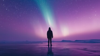 Person Standing Under Northern Lights in Starry Night Sky