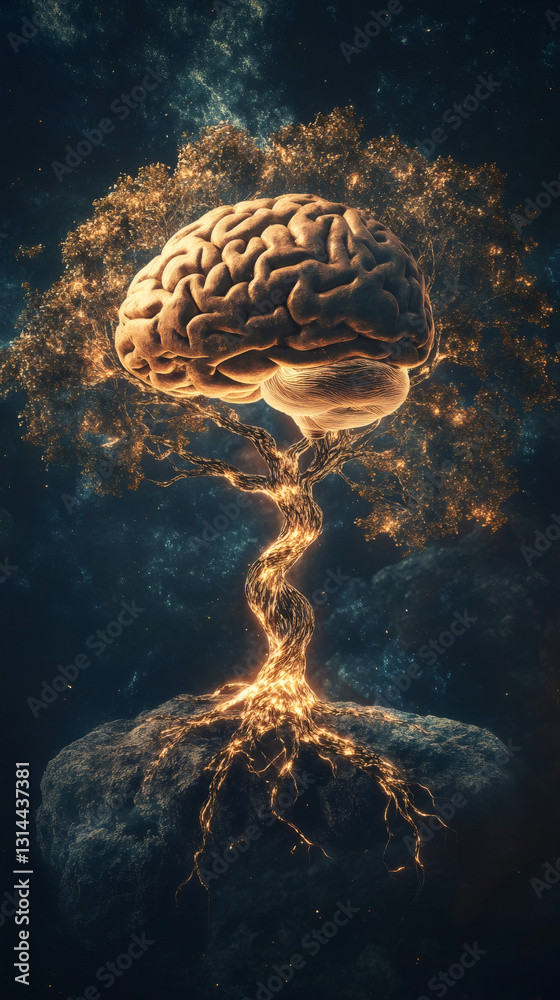 Poster luminescent brain branching like cosmic tree, representing mental growth, interconnected intelligenc