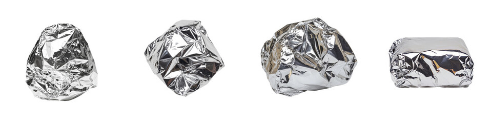 A wrinkled square of aluminum foil with a crumpled texture, having a reflective surface, and isolated on a transparent background, provided as a png