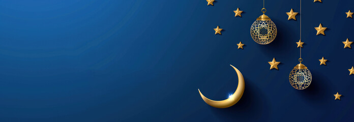 Naklejka premium Ramadan Kareem: Crescent Moon for Stars, Lanterns.