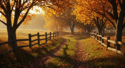 Obraz premium Serene autumn pathway lined with vibrant orange trees and wooden fence in a tranquil countryside setting