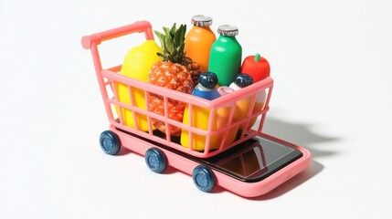 Miniature shopping cart filled with colorful fruits and drinks, atop a phone