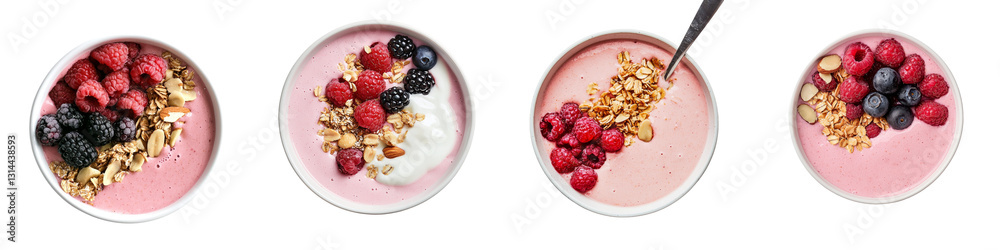 Poster a png image of a smoothie bowl containing a mix of fresh fruits like strawberries, blueberries, and 