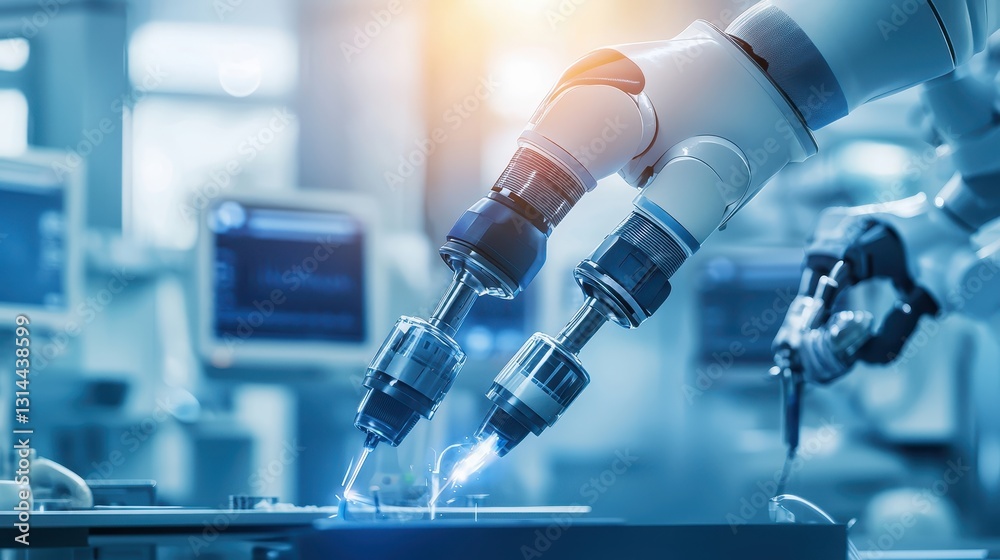 Poster advanced robotic arm performing precision tasks in modern factory setting