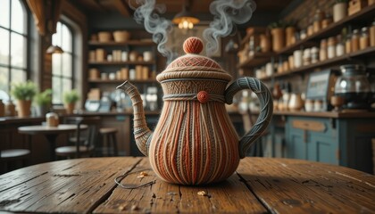 Rustic Coffee Shop Decor Steaming Yarn Kettle on Wooden Table